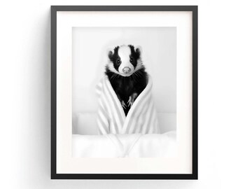 Skunk In Bathrobe Art Print, Funny Animal Bath Time Wall Art (Digital Download)