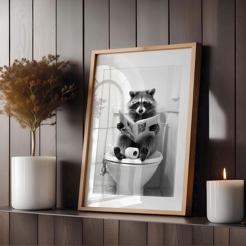May include: A framed black and white print featuring a raccoon sitting on a white toilet while reading a newspaper. The print is housed in a light wood frame and displayed on a shelf next to a white potted plant and a white candle.
