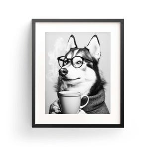 シベリアンハスキーコーヒーウォールアート 白黒プリント シベリアンハスキーバーカートプリント 犬好きへのギフト 面白い犬のポスター バーアート 装飾 キッチン