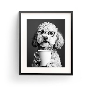 Goldendoodle コーヒーウォールアート 白黒プリント Goldendoodle バーカートプリント 犬ギフト 面白い犬のポスター バー装飾 キッチン デジタルダウンロード