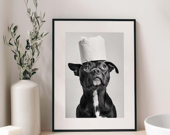 May include: A framed black and white wall art print featuring a portrait of a black dog with a white chest patch and a roll of toilet paper balanced on its head. The dog is looking upward with its ears slightly perked in a neutral setting.