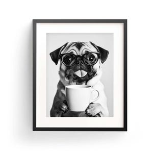 パグ犬コーヒーウォールアート白黒プリントパグバーカートプリント犬好きへのギフト面白い犬のポスターバー装飾キッチン装飾デジタルダウンロード
