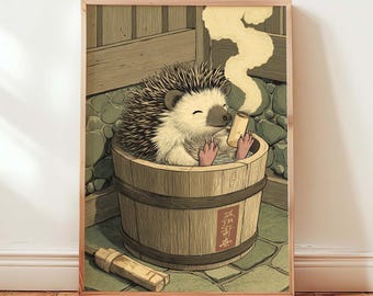 Igel Bad Kunstdruck, Japanisches Ukiyo-e, Wanddekor, Igel Onsen Poster, niedlicher Tier Badezimmer Druck, digitaler Download