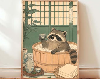 Waschbär Badezimmer Kunstdruck, Japanisches Ukiyo-e Wanddekor, Waschbär Sake Bad Poster, Lustiges Tier Onsen Druck, Digital Download