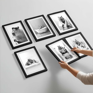 Capybara Wall Art Bundle of 6, Funny Bathroom Decor, Cute Animal Prints, Capybara on Toilet, Bath, Bathrobe, Brushing Teeth, Capybara Bundle