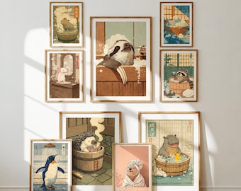Japanese Animal Onsen Wall Art Bundle, Cute Bathing Animals, Vintage Japanese Bathroom Decor, Digital Download