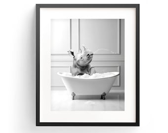 Rhino Wall Art, Adorable Rhino, Cute Rhino Bathtub, Rhinoceros Decor, Bathroom Wall Art, Rhino Art Print, Wild Animal Print, Rhino Printable