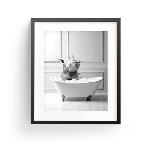 Rhino Wall Art, Adorable Rhino, Cute Rhino Bathtub, Rhinoceros Decor, Bathroom Wall Art, Rhino Art Print, Wild Animal Print, Rhino Printable