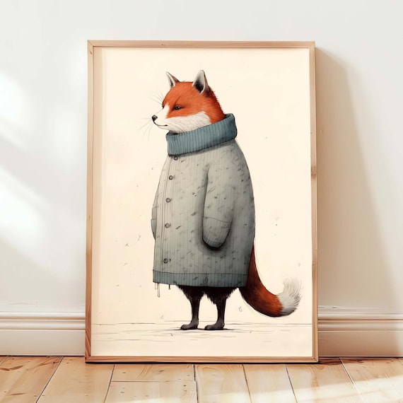 Fox Winter Art Print, Whimsical Fox In Sweater (Digital Download)