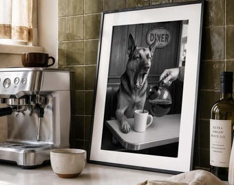 German Shepherd Yawning Dog Print, Funny Cafe Scene Poster (Digital Download)