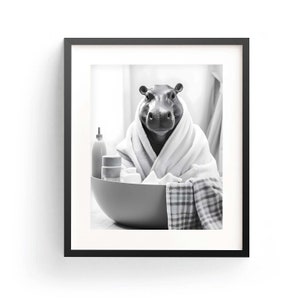 Hippo In Bathrobe Hippo Art Print Hippo Wall Art Hippo Bathroom Art Funny Hippo Art Kids Bathroom Art Whimsy Animal Bath Time Art