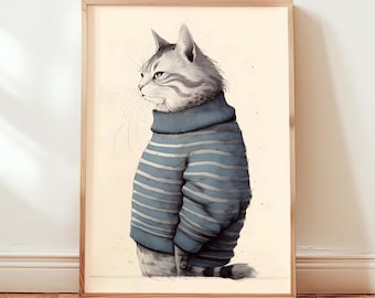 Cozy Cat Winter Art Print, Striped Sweater Feline Drawing (Digital Download)