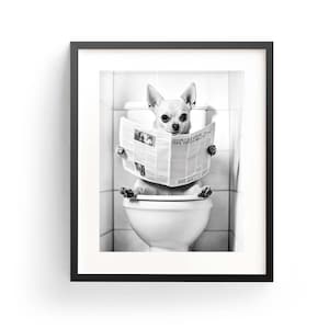 May include: A black and white photo of a small dog sitting on a toilet and reading a newspaper. The dog is wearing a collar and has a serious expression on its face.