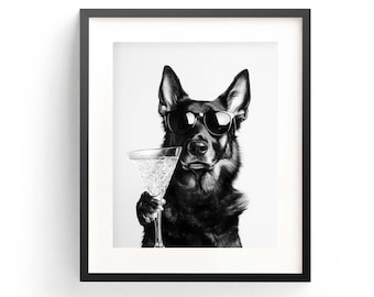 Cocktailkonsttryck med schäfer, rolig hund på barbordet (digital nedladdning)