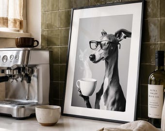Greyhound Coffee Print, Funny Dog Art, Black and White Bar Cart Poster (Digital Download)
