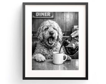 Goldendoodle Gähnender Hund Art, Coffee Diner Druck (Digitaler Download)