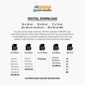 May include: Digital download graphic with the text "character print studio" and "DIGITAL DOWNLOAD". The graphic lists different sizes of high-resolution JPG files available in 300 DPI for printing. The sizes are listed in inches and centimeters.