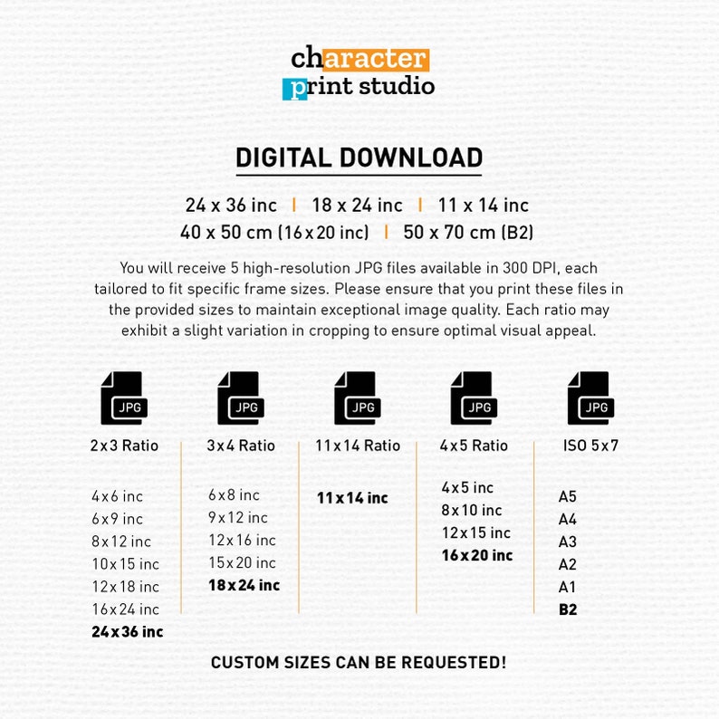 May include: Digital download graphic with the text "character print studio" and "DIGITAL DOWNLOAD". The graphic lists different sizes of high-resolution JPG files available in 300 DPI for printing. The sizes are listed in inches and centimeters.