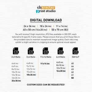 May include: A digital download information chart from character print studio. It lists five high-resolution JPG files in 300 DPI with various aspect ratios including 2x3, 3x4, 11x14, 4x5, and ISO 5x7, detailing specific inch dimensions for each frame size.