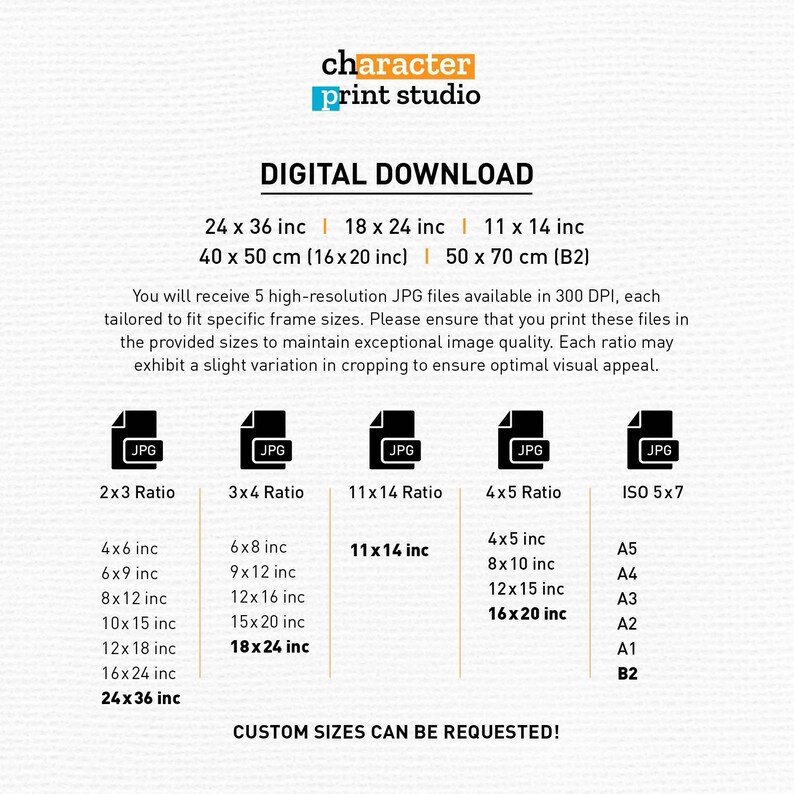 May include: A digital download information chart from character print studio. It lists five high-resolution JPG files in 300 DPI with various aspect ratios including 2x3, 3x4, 11x14, 4x5, and ISO 5x7, detailing specific inch dimensions for each frame size.