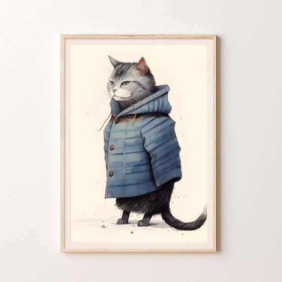 Feline Winter Art Print, Cozy Cat Wonderland, Funny Cat Drawing (Digital Download)