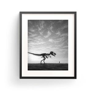 May include: Black and white framed art print featuring a dinosaur skeleton being walked on a leash by a tiny person. The artwork is set against a cloudy sky, creating a surreal and humorous scene.
