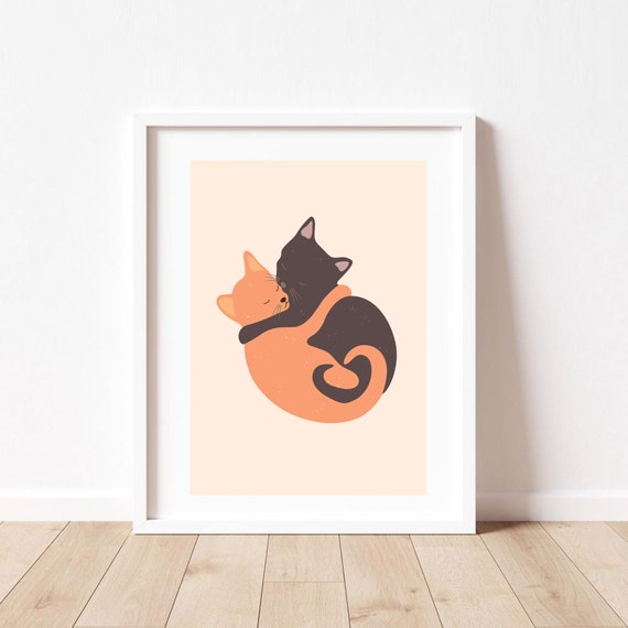 Cats Hugging Print, Meow Hug Print, Cat Hug Poster, Hug Love Print, Cat Lover Poster, Boho Cat Print, Cat Sleeping Print, Cat Sleep Art