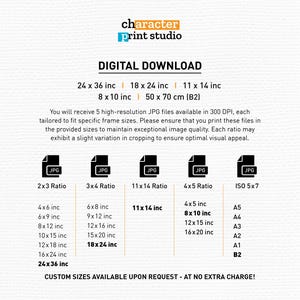 Puede incluir: Una hoja de informaci&oacute;n de descarga digital de character print studio. Enumera cinco archivos JPG de alta resoluci&oacute;n en tama&ntilde;os de 24x36 pulgadas, 18x24 pulgadas, 11x14 pulgadas, 8x10 pulgadas y 50x70 cm. Detalla varias relaciones de aspecto y tama&ntilde;os de papel.