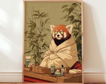 Roter Panda Spa Kunstdruck, Japanisches Ukiyo-e Dekor, Roter Panda Selbstfürsorge Poster, Lustiger Tier Badezimmer Druck, Digitaler Download