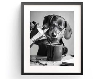 Dackel Gähnen Kaffee Druck, lustiger Hund Café Art (digitaler Download)