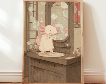 Axolotl Badezimmer Kunstdruck, japanisches Ukiyo-e, süsses Axolotl Zähneputzen Poster, lustiger Tier Badezimmer Druck, digitaler Download