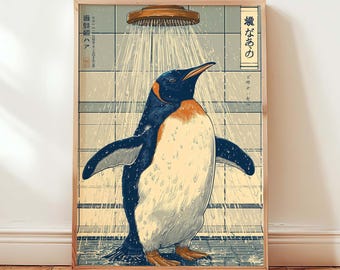 Pinguin Dusche Kunstdruck, japanische Ukiyo-e Wand-Dekor, Königspinguin Badezimmer Poster, lustige Tier Dusche Druck, digitaler Download