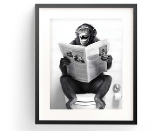 Chimps Wall Art Funny Bathroom Cute Chimps Art Chimpanzee Poster Chimpanzee Print Kids Bathroom Whimsy Animal Art Chimpanzee Reading