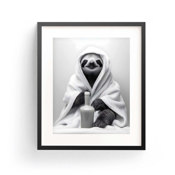 Sloth In Bathrobe Sloth Art Print Sloth Wall Art Sloth Bathroom Art Funny Sloth Art Kids Bathroom Art Whimsy Animal Bath Time Art