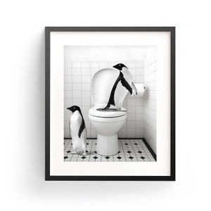 Penguins Toilet Scene Art Print, Bathroom Wall Art (Digital Download)