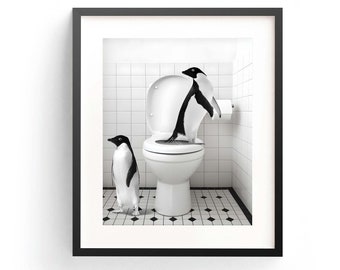 Penguins Toilet Scene Art Print, Bathroom Wall Art (Digital Download)