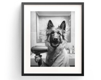 Lustiger Schäferhund Hund Kunstdruck, Badezimmer Dekor (Digitaler Download)