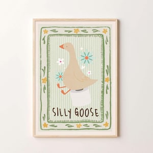 Impresión de ganso tonto, arte floral de ganso, lindo póster de animales, decoración de pared verde, falda de papel higiénico, estilo rústico, arte cottagecore, impresión de ganso tonto