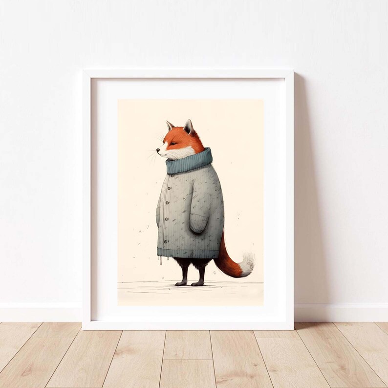 May include: A framed wall art print featuring an illustration of a fox standing in profile. The fox has orange fur and a white-tipped tail, wearing a long, oversized, light gray button-down cardigan with a thick, ribbed, dark blue turtleneck collar.