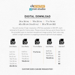 May include: Digital download graphic with the text "character print studio" and "DIGITAL DOWNLOAD". The graphic lists different sizes of high-resolution JPG files available in 300 DPI for printing. The sizes are listed in inches and centimeters. The graphic also lists different aspect ratios for the images, including 2x3, 3x4, 11x14, 4x5, and ISO 5x7.