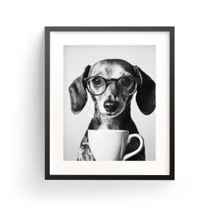Dackel Kaffee Wand Kunst schwarz weiß Druck Dackel Bar Warenkorb Druck Hund Geschenk Lustiger Hund Poster Bar Dekor Küche Dekor Digital Download