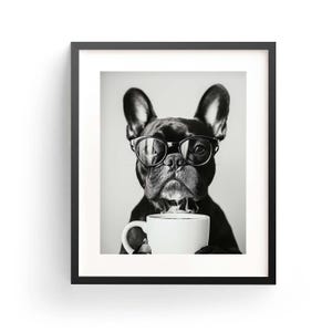 フレンチブルドッグのコーヒーウォールアート、白黒プリント、フレンチブルドッグのバーカートプリント、犬のギフト、面白い犬のポスター、キッチンの装飾、デジタルダウンロード