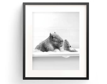 Capybara Family Bathing Print, Adorable Animal Nursery Wall Art (Digital Download)
