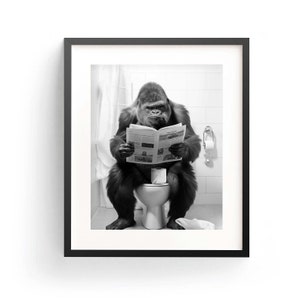May include: A black and white photograph of a gorilla sitting on a toilet and reading a newspaper.