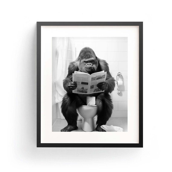 Gorilla Wall Art Funny Bathroom Cute Gorilla Art  Gorilla Poster Gorilla Art Print Kids Bathroom Adorable Animal Art Gorilla Reading
