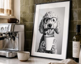 May include: A black and white framed wall art print featuring a curly-haired dog wearing black-rimmed glasses and holding a white coffee mug with both paws. The dog has its tongue out, and the print is displayed in a thin black frame on a counter.