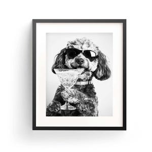 コッカプーカクテルウォールアート、白黒プリント、コッカプーバーカートプリント、犬ギフト、面白い犬のポスター、バーデコレーション、キッチンデコレーション、デジタルダウンロード