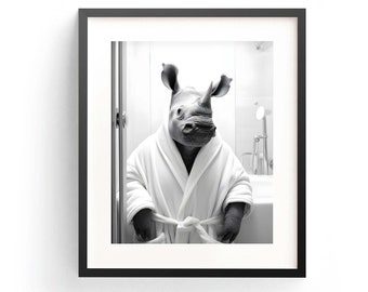 Rhino In Bathrobe, Rhino Art Print, Rhino Wall Art, Rhino Lover, Funny Rhino, Kids Bathroom Art, Rhino In Bathtub, Adorable Animal Poster