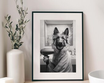 Funny German Shepherd Dog Art Print, Bathroom Decor (Digital Download)