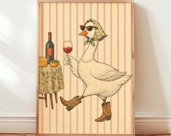 Gänse-Wein-Kunst, lustige Gänse-Deko, Vintage-Tierkunst, Bauernhoftier, skurriler Vogeldruck, Geschenk für Weinliebhaber, Enten- und Gänse-Poster, Retro-Vogeldeko